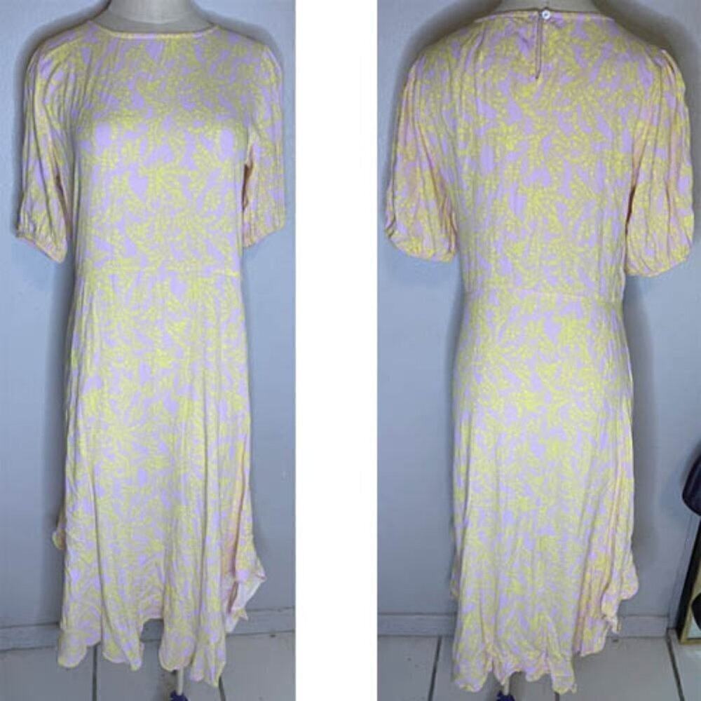 Olivaceous Maxi dress pink/yellow floral pattern short puffy sleeves,ruffled hem